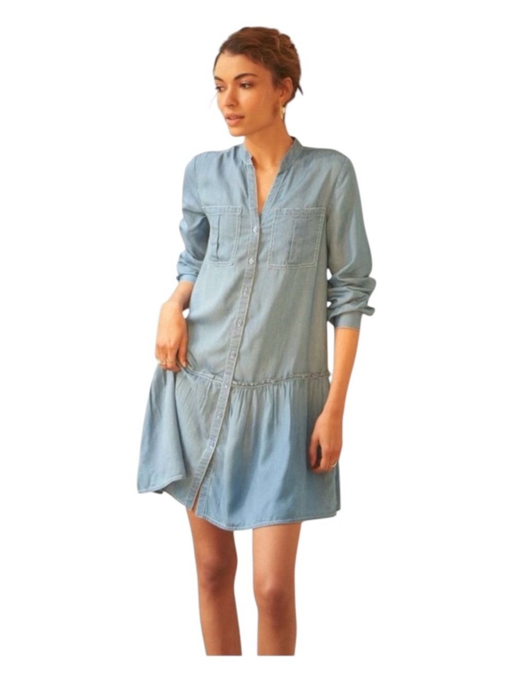 205 COLLINS Blue 100% Tencel Denim-Look Dress, Long Sleeve, Size M.